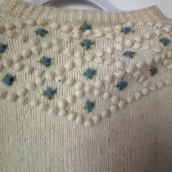 Vintage 40s 50s Wool Popcorn Knit Cardigan Sweater Cropped S Blue Floral Buttons - Picture 14 of 16